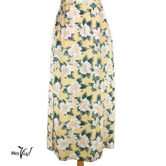 Vintage Yellow Floral Rayon Skirt 34" Long with Side Slits Size Medium - Hey Viv - Picture 2 of 4